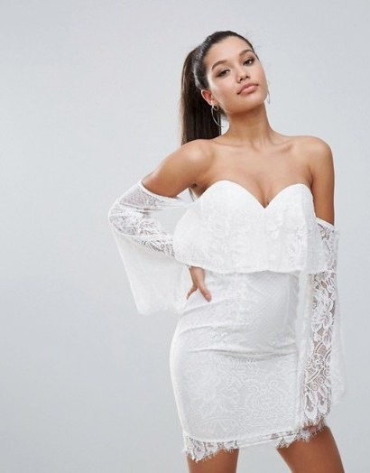 Love Triangle All over Lace Off Shoulder Pencil Dress With Fluted Sleeve Detail - flipped