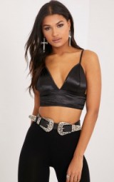 LUCA BLACK HAMMERED SATIN TRIANGLE BRALET ~ strappy plunge front bralets ~ thin strap crop tops