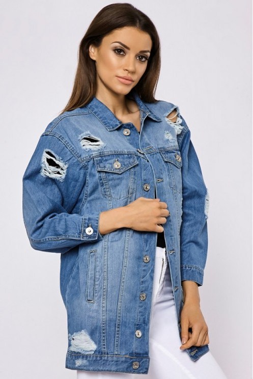 In The Style MAISEE LIGHT WASH DISTRESSED LONGLINE DENIM JACKET - flipped