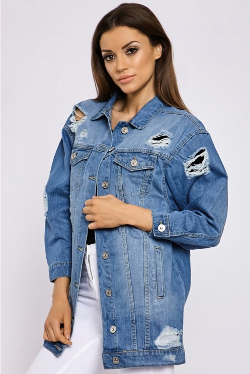 In The Style MAISEE LIGHT WASH DISTRESSED LONGLINE DENIM JACKET