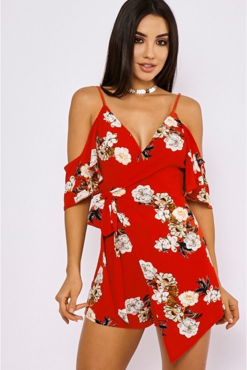 in the style MALINDA RED FLORAL WRAP FRONT COLD SHOULDER PLAYSUIT – summer fashion – strappy playsuits - flipped