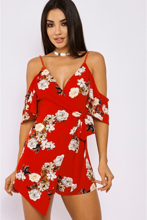 in the style MALINDA RED FLORAL WRAP FRONT COLD SHOULDER PLAYSUIT – summer fashion – strappy playsuits
