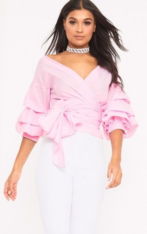prettylittlething MARLOW BABY PINK OVERSIZED RUFFLE SLEEVE LOW SHOULDER SHIRT - flipped