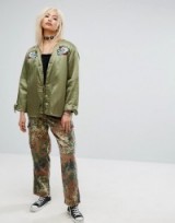 Milk It Vintage Festival Satin Jacket With Patches & Faux Fur Lining ~ silky khaki-green oriental style jackets