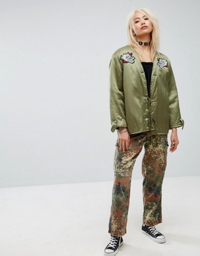 Milk It Vintage Festival Satin Jacket With Patches & Faux Fur Lining ~ silky khaki-green oriental style jackets - flipped