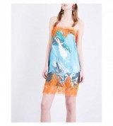 MIMI WADE Sea Monster-print silk-satin slip dress. blue lace trimmed cami dresses | strappy fashion | thin strap | spaghetti straps
