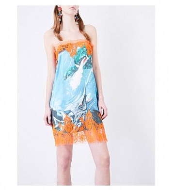 MIMI WADE Sea Monster-print silk-satin slip dress. blue lace trimmed cami dresses | strappy fashion | thin strap | spaghetti straps - flipped