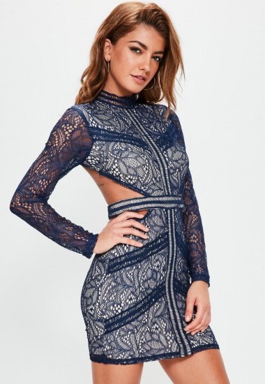 missguided navy lace waist cut out long sleeve bodycon - flipped