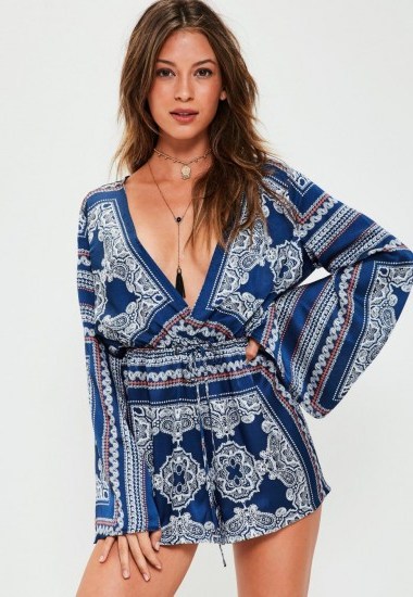 missguided navy silky scarf print wide sleeve playsuit | plunge front playsuits - flipped