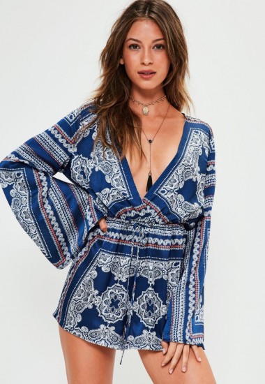 missguided navy silky scarf print wide sleeve playsuit | plunge front playsuits