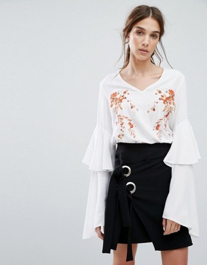 Neon Rose V-Neck Top With Layered Ruffle Sleeves And Floral Embroidery - flipped