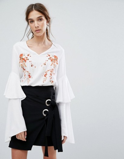 Neon Rose V-Neck Top With Layered Ruffle Sleeves And Floral Embroidery