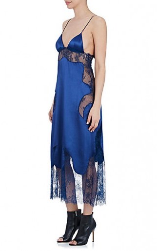 OFF-WHITE C/O VIRGIL ABLOH Satin & Lace Midi-Slipdress | luxe blue slip dresses | semi sheer cami dress - flipped