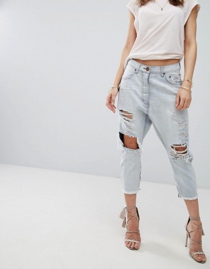 One Teaspoon Kingpins Low Waist Drop Crotch Straight Leg Jean with Rips in Hamptons. Faded blue cropped jeans | ripped denim | distressed | destroyed - flipped