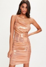 Missguided orange one shoulder ruched metallic bodycon dress ~ glamorous party dresses
