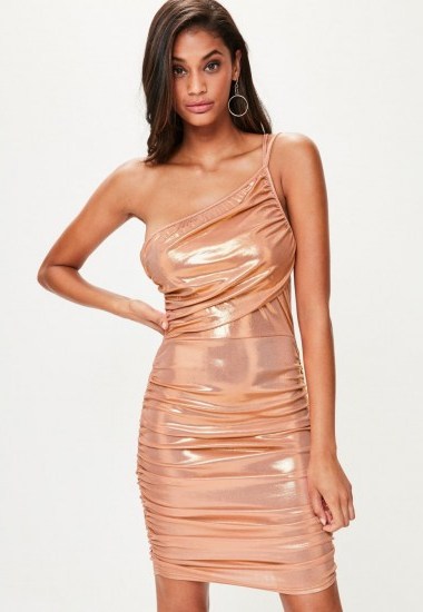Missguided orange one shoulder ruched metallic bodycon dress ~ glamorous party dresses - flipped
