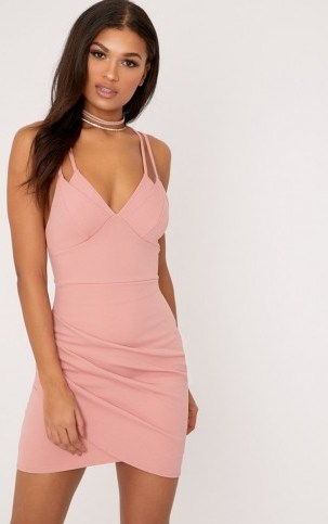 prettylittlething PASCALA ROSE DOUBLE STRAP BODYCON DRESS ~ pink strappy going out dresses - flipped