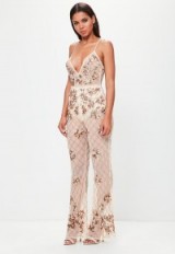 peace + love nude embellished cami jumpsuit – strappy plunge front jumpsuits