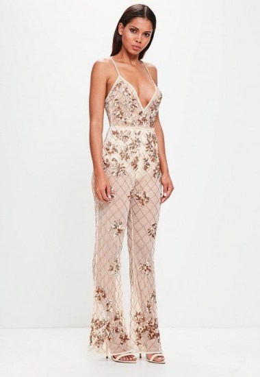 peace + love nude embellished cami jumpsuit – strappy plunge front jumpsuits - flipped