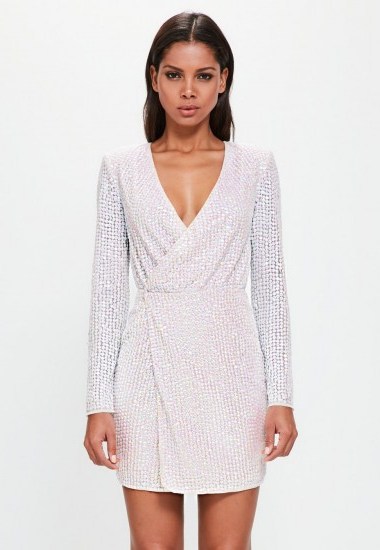 peace + love silver pearlescent wrap plunge mini dress - flipped