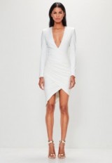 peace + love white plunge ruched assymetric hem midi dress – luxe style asymmetric party dresses