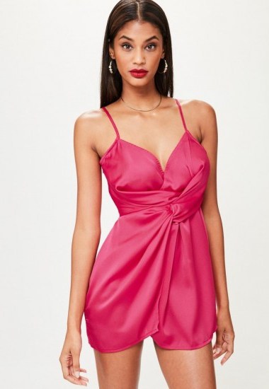 missguided – petite pink satin wrap knot cami dress - flipped