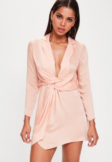 Missguided petite pink satin wrap plunge neck dress ~ plunge front party dresses ~ evening fashion - flipped