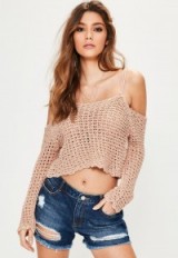 Missguided pink crochet open stitch bardot jumper ~ cold shoulder jumpers ~ knitwear