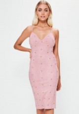 missguided pink faux suede silver stud detail midi dress ~ strappy embellished party dresses