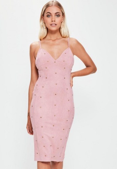 missguided pink faux suede silver stud detail midi dress ~ strappy embellished party dresses - flipped