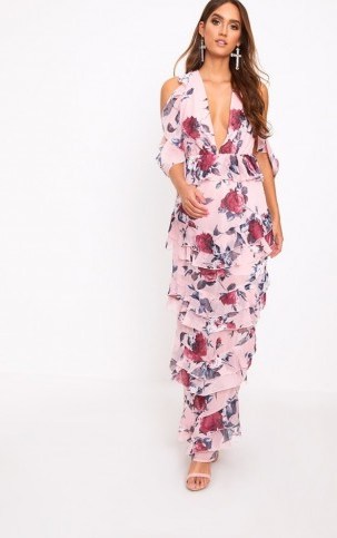 prettylittlething PINK FLORAL COLD SHOULDER FRILL MAXI DRESS - flipped
