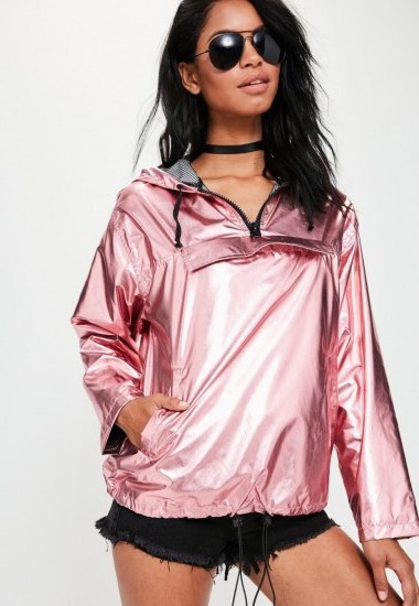 Missguided pink metallic hooded festival rain mac jacket ~ shiny festival jackets ~ modern macs - flipped