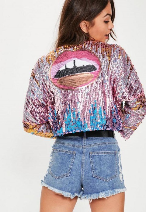 missguided – pink ombre sequin cropped jacket - flipped