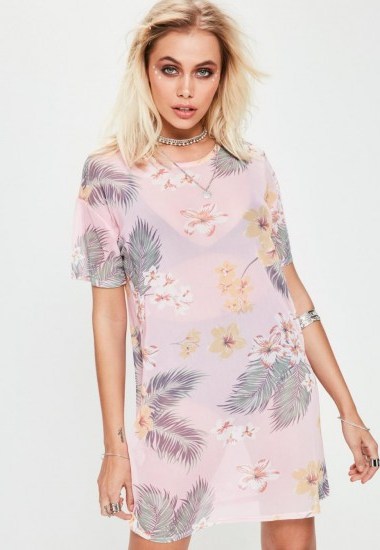 Missguided pink oversized floral print mesh t-shirt dress ~ casual sheer dresses ~ affordable fashion - flipped