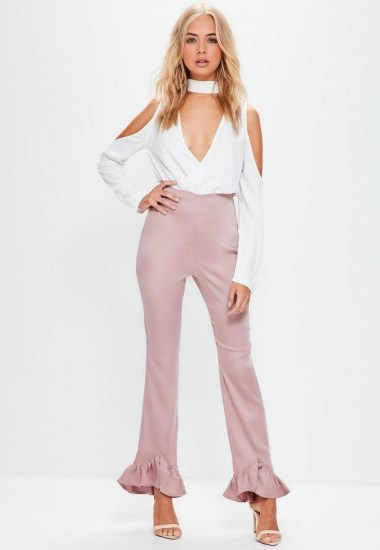 missguided pink satin back crepe pointed frill hem trousers - flipped