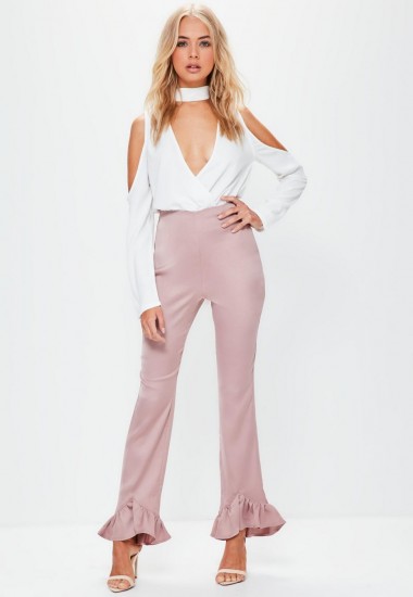 missguided pink satin back crepe pointed frill hem trousers