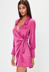 Missguided pink satin tie side collared shift dress | plunge front dresses