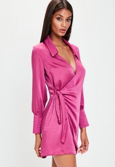 Missguided pink satin tie side collared shift dress | plunge front dresses - flipped