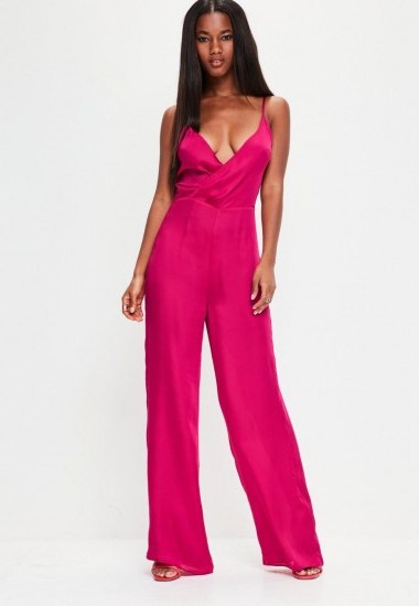 missguided pink satin wrap front strappy jumpsuit – glamorous plunge front jumpsuits – glam evening fashion - flipped