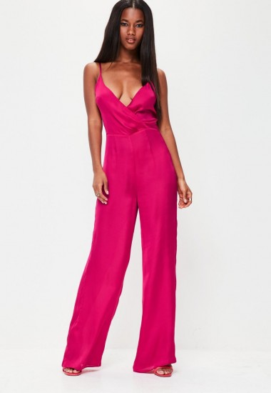 missguided pink satin wrap front strappy jumpsuit – glamorous plunge front jumpsuits – glam evening fashion