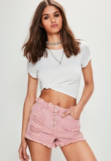 Missguided pink sinner high waisted ripped denim shorts - flipped