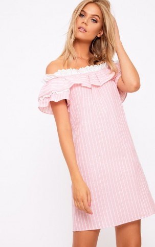 Pretty Little Thing PINK STRIPE BRODERIE BARDOT SHIFT DRESS – off the shoulder dresses - flipped