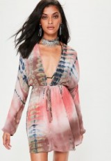 missguided pink tie dye tie front dress | plunge front summer dresses