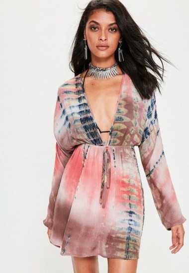 missguided pink tie dye tie front dress | plunge front summer dresses - flipped