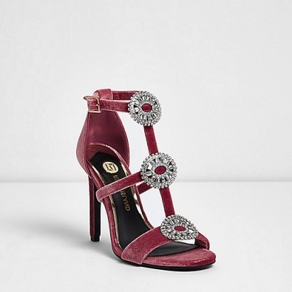 River Island Pink velvet diamante caged sandals ~ luxe style high heels - flipped