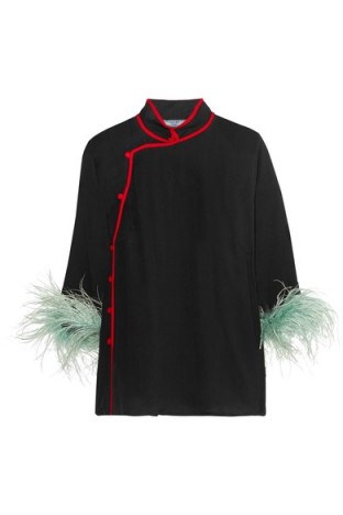 Oriental style blouses | PRADA Feather-trimmed silk-chiffon blouse - flipped