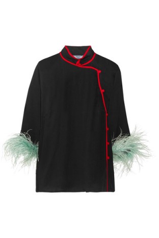 Oriental style blouses | PRADA Feather-trimmed silk-chiffon blouse