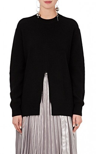 PROENZA SCHOULER Slit-Front Rib-Knit Wool-Blend Sweater | black crew neck long sleeved sweaters | chic knitwear - flipped