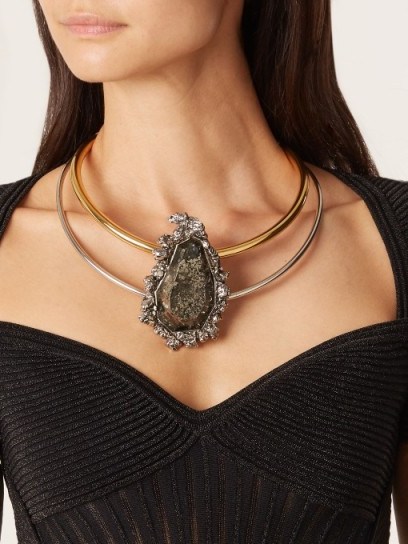 ALEXANDER MCQUEEN Pyrite-embellished double-hoop choker – large statement stone necklaces - flipped