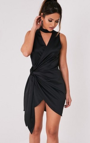 REBECCA BLACK CHOKER DETAIL SATIN TIE WAIST DRESS ~ pretty little thing evening dresses - flipped